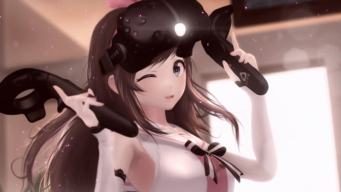 Kizuna AI with VR headset and controllers