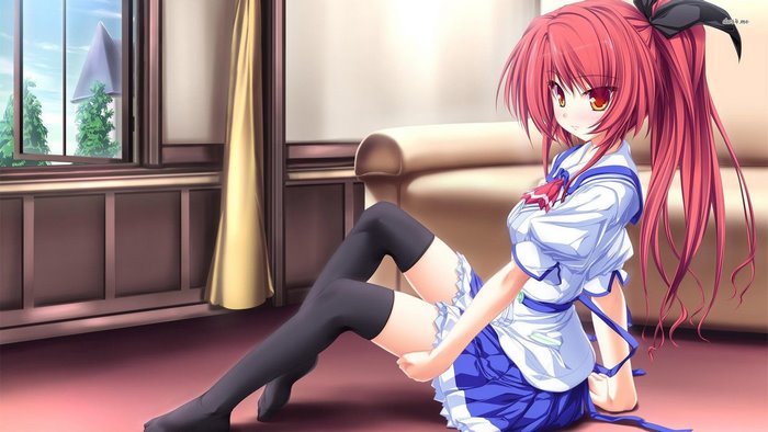 Redhead anime girl with long hair and red eyes