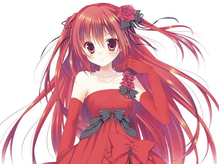 Anime girl with red hair and red eyes in a red dress