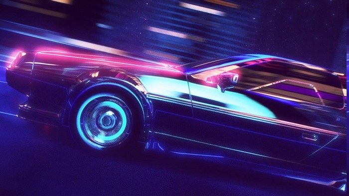 Retro wave DeLorean car with neon lights