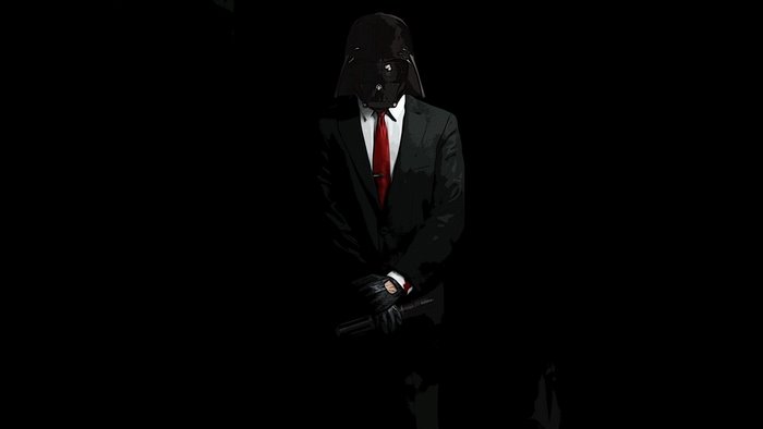 Darth Vader in a suit holding a gun