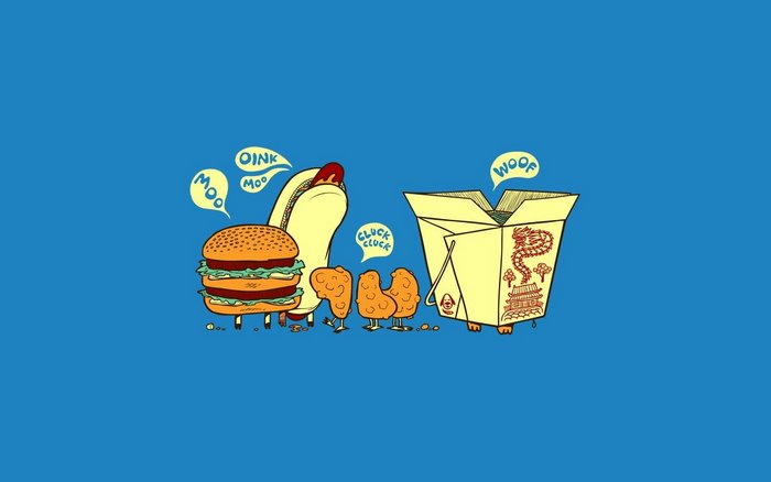 Anthropomorphic fast food characters and takeout box