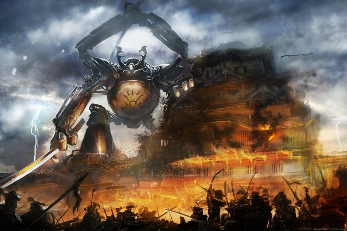 Giant war mech attacking a burning castle with soldiers below