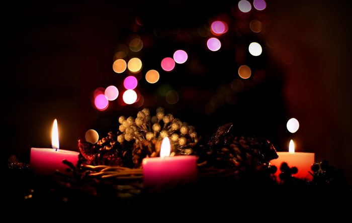 Christmas Advent Wreath with Candles and Bokeh Lights