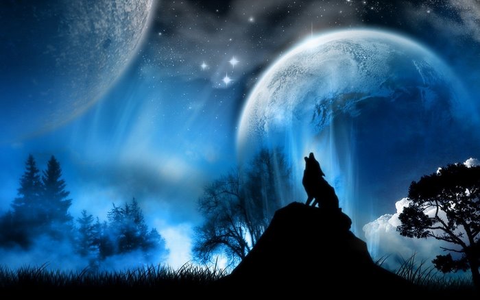 Silhouette wolf howling at a large moon in a fantasy landscape
