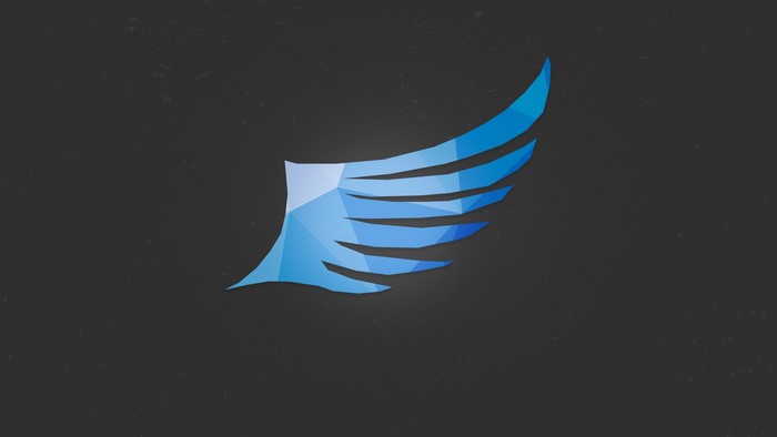 Blue polygonal wing logo on dark background