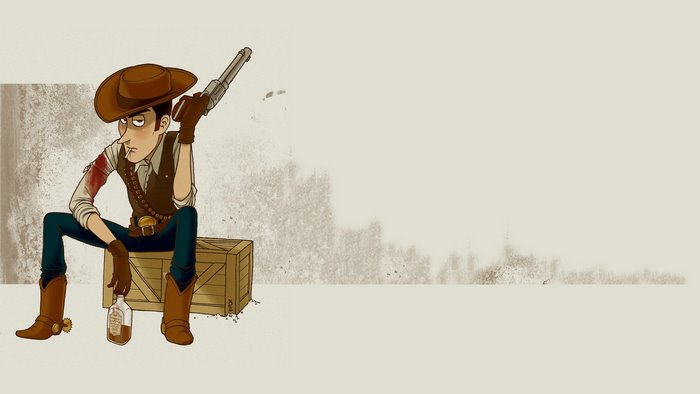 Sheriff Woody from Toy Story sitting with a gun and bottle
