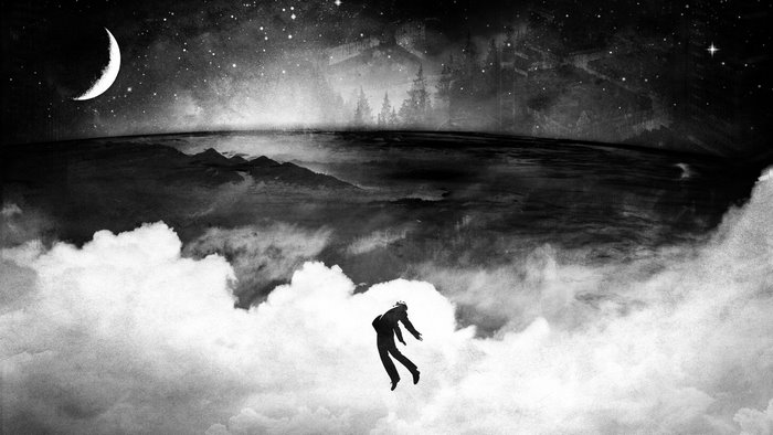 Man falling through clouds at night under a crescent moon