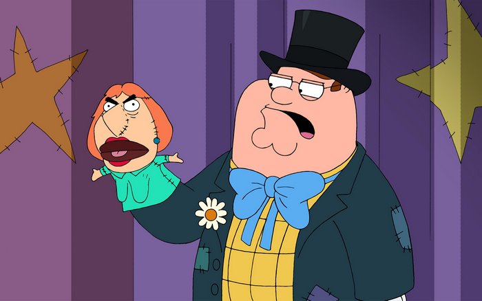 Peter Griffin as a puppet master with Lois Griffin puppet from Family Guy