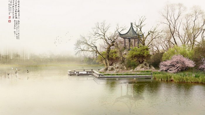 Traditional Chinese painting of a pavilion by a lake with cherry blossoms