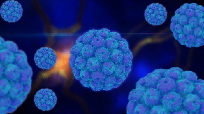 Blue virus particles in a dark blue background