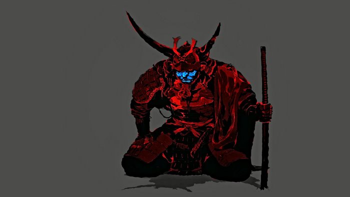 Samurai with red armor and blue mask