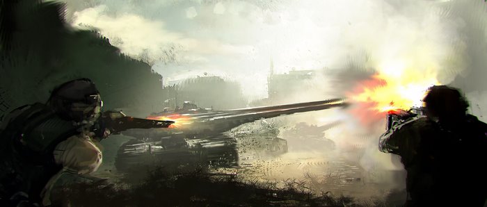 Soldiers firing at futuristic tanks in a warzone