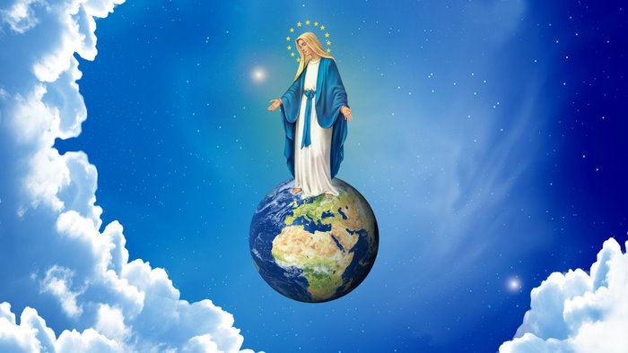Virgin Mary standing on Earth with stars and clouds