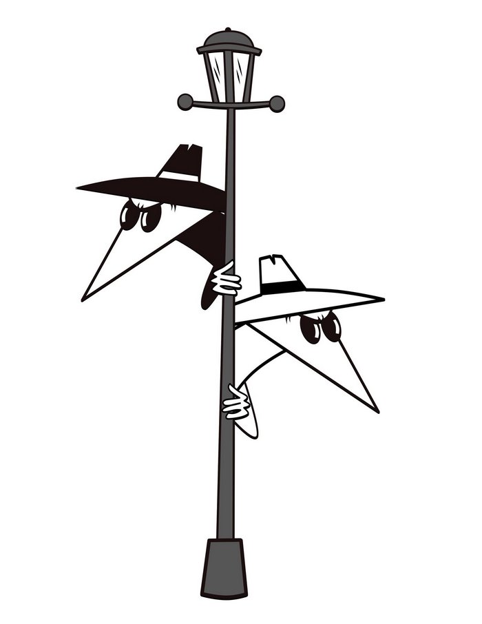 Spy vs. Spy peeking from behind a street lamp