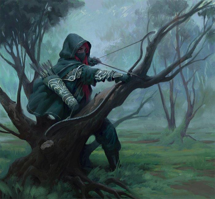 Archer in a dark forest with a bow and arrow