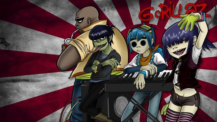 Gorillaz band members in front of a Japanese rising sun flag