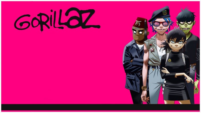 Gorillaz band members on a pink background