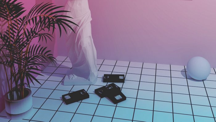 Vaporwave aesthetic with plant, statue, and VHS tapes