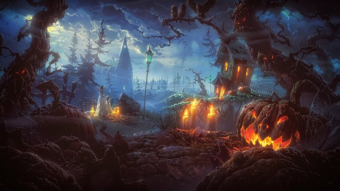 Halloween night scene with haunted house and pumpkin