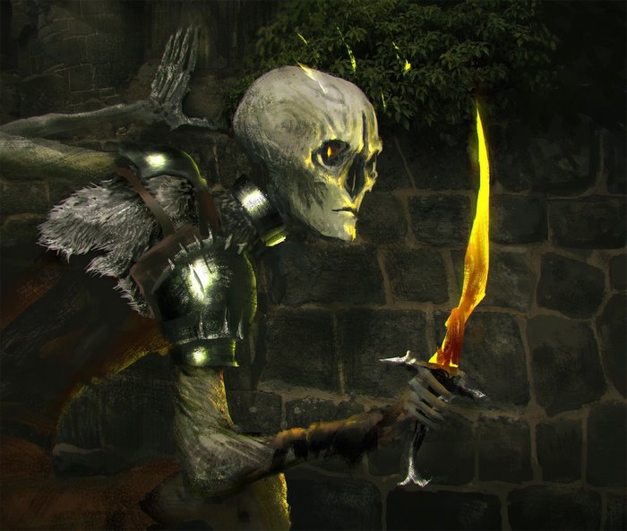 Skeleton warrior with glowing sword and armor