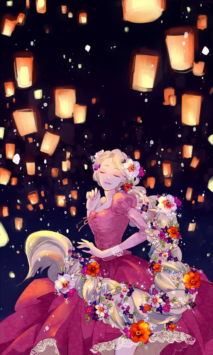 Rapunzel from Tangled with floating lanterns
