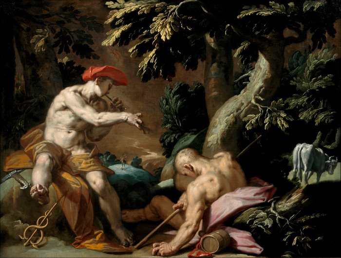 Hermes playing a flute to a sleeping Argus