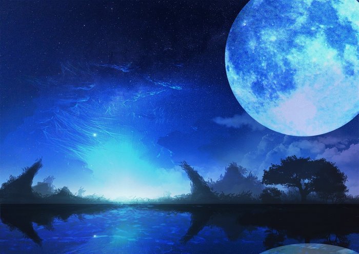 Blue moon over a reflective body of water at night