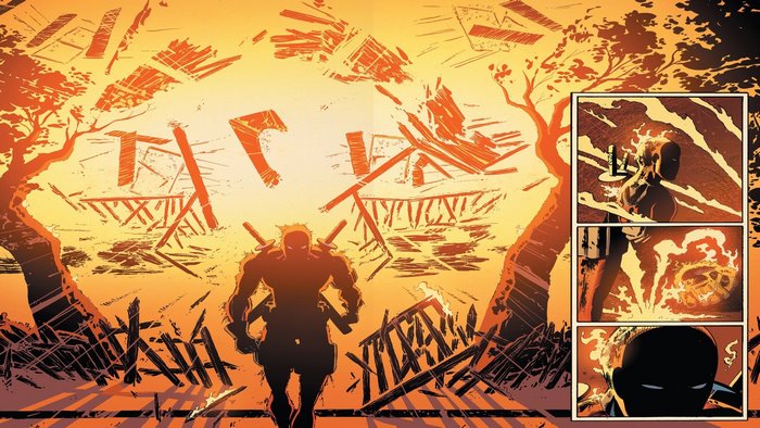 Deadpool from Marvel Comics in a destroyed landscape