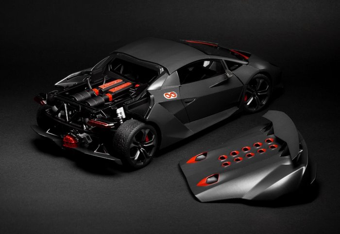 Lamborghini Sesto Elemento model with engine exposed