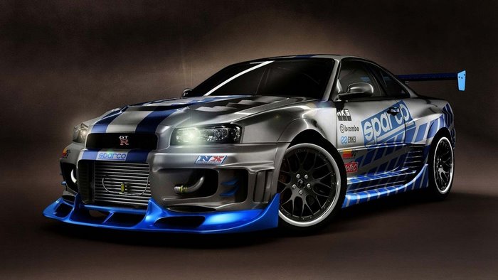 Silver and Blue Nissan Skyline GT-R R34 Tuning