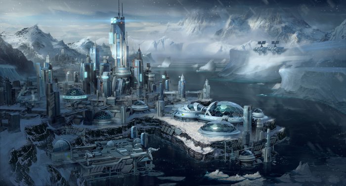 Star Citizen futuristic city in icy landscape