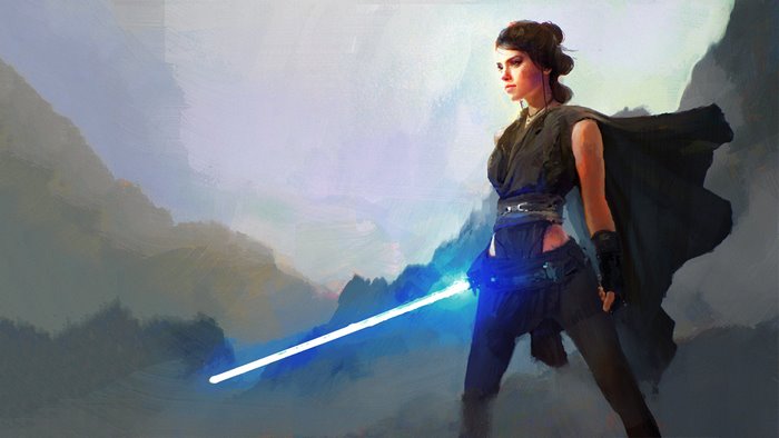 Rey from Star Wars with a lightsaber