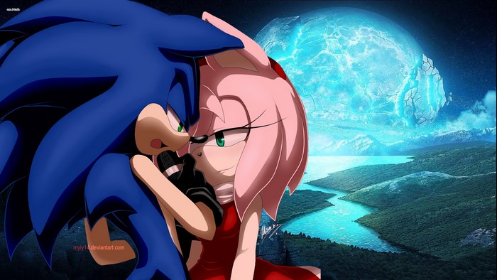 Sonic the Hedgehog and Amy Rose with a broken moon