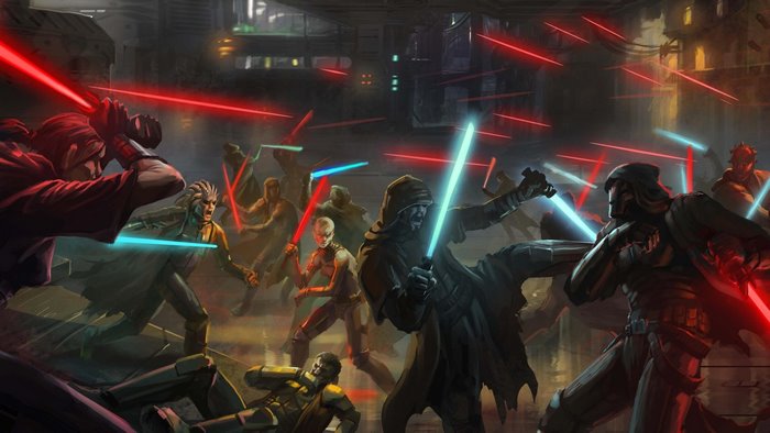 Star Wars Jedi and Sith battle with lightsabers