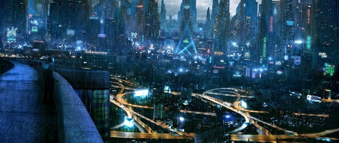 Cyberpunk cityscape with rain and neon lights