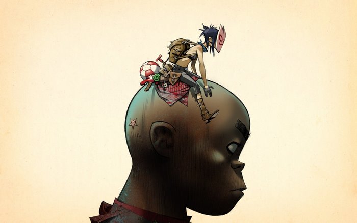 Noodle from Gorillaz sitting on Russel Hobbs' head