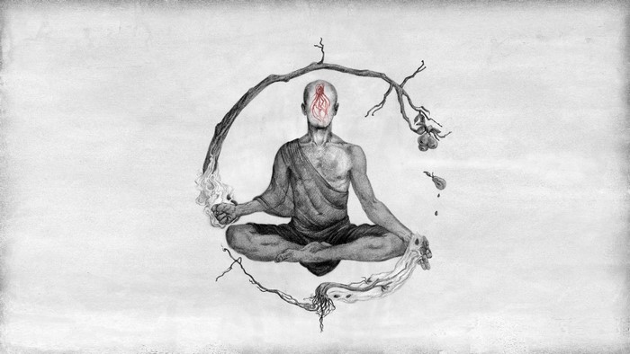Monk meditating with tree and roots