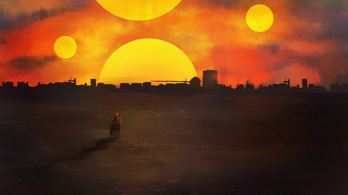 Person on horseback in a desert landscape with a multi-sun sunset over a city