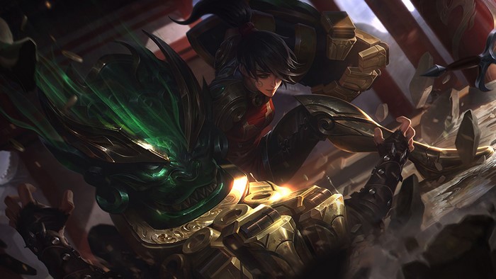 Vi from League of Legends fighting a green creature