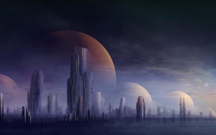 Futuristic city on an alien planet with large moons