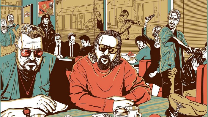 Collage of characters from The Big Lebowski, Pulp Fiction, Fargo, and Reservoir Dogs