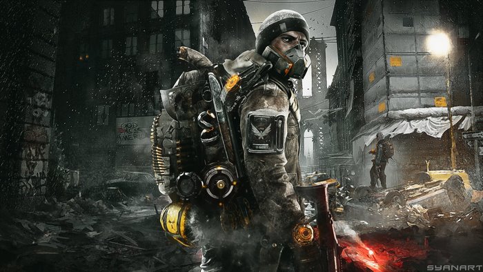 Tom Clancy's The Division character in a destroyed city