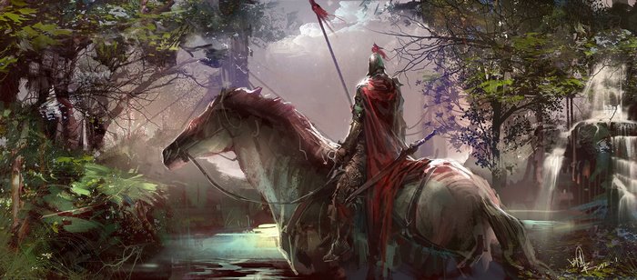 Knight on horseback in a fantasy forest with waterfall