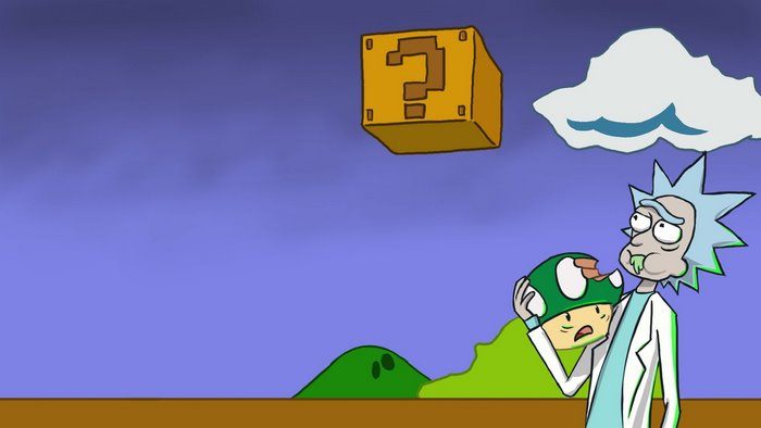 Rick Sanchez from Rick and Morty eating a Mario mushroom