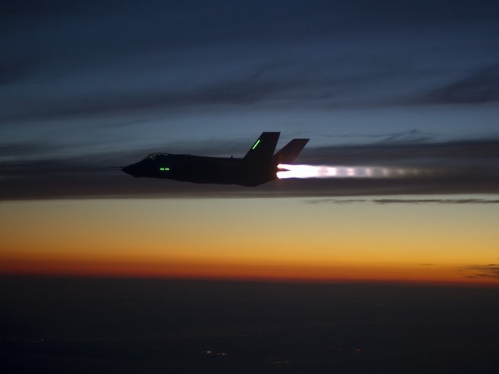 Lockheed Martin F-35 Lightning II jet at dusk