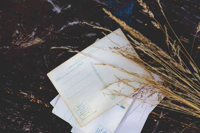 Vintage postcards and dried grass on a wooden table