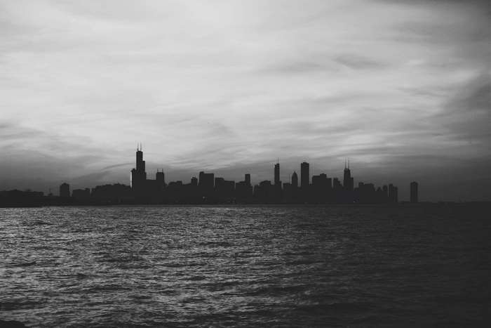 Chicago skyline at dusk over Lake Michigan