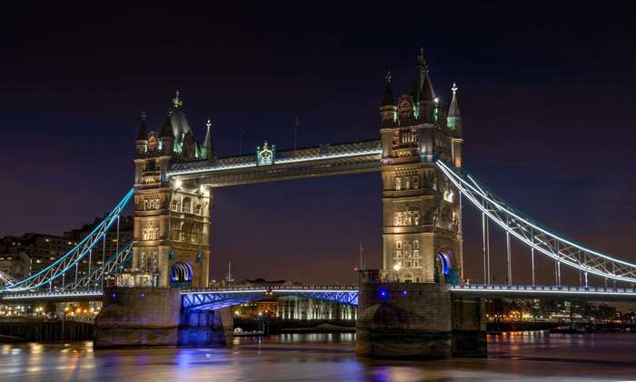 Tower Bridge at Night over River Thames, London 4K