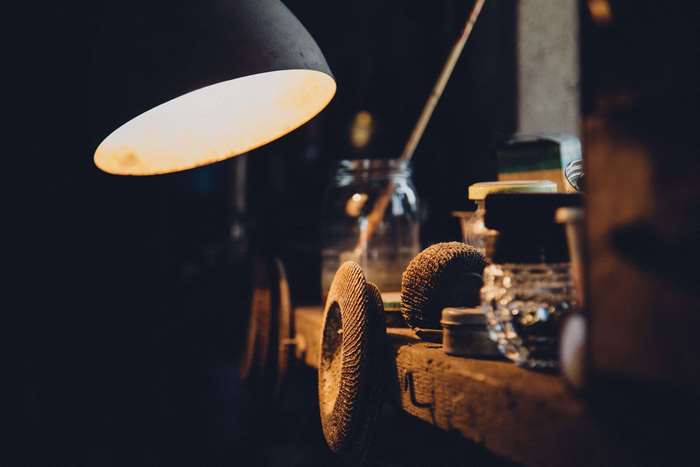 Workshop with illuminated lamp and tools
